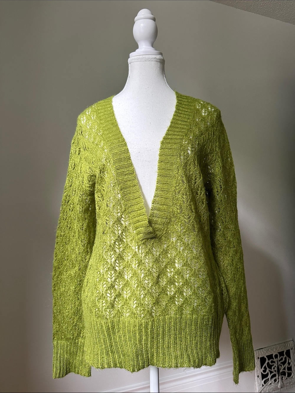 NEWPORT NEWS Y2K Green Mohair Blend Deep Vneck Open Knit Cottagecore‎ Sweater XL
